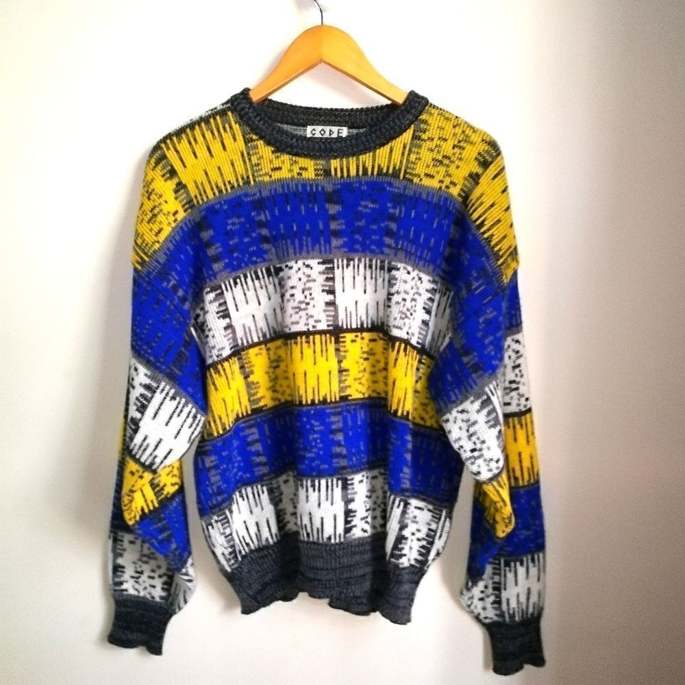 𝅺VINTAGE Y2K Primary Multicolored Stripes Knitted Crewneck Sweater Size XL - Picture 3 of 13